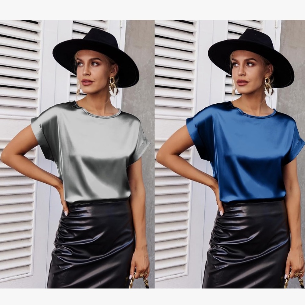 Beyove Blue & Gray Satin Tops - Picture 9 of 10